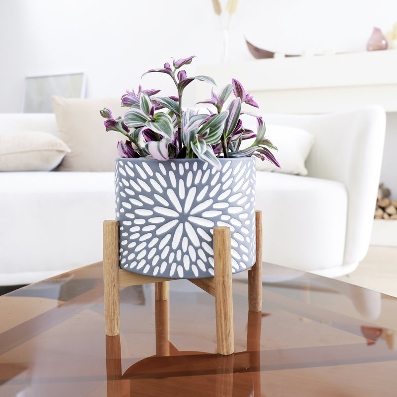 Elayna Ceramic Planter with Wood Stand, 9.7" H x 8" W x 8" D, Gray