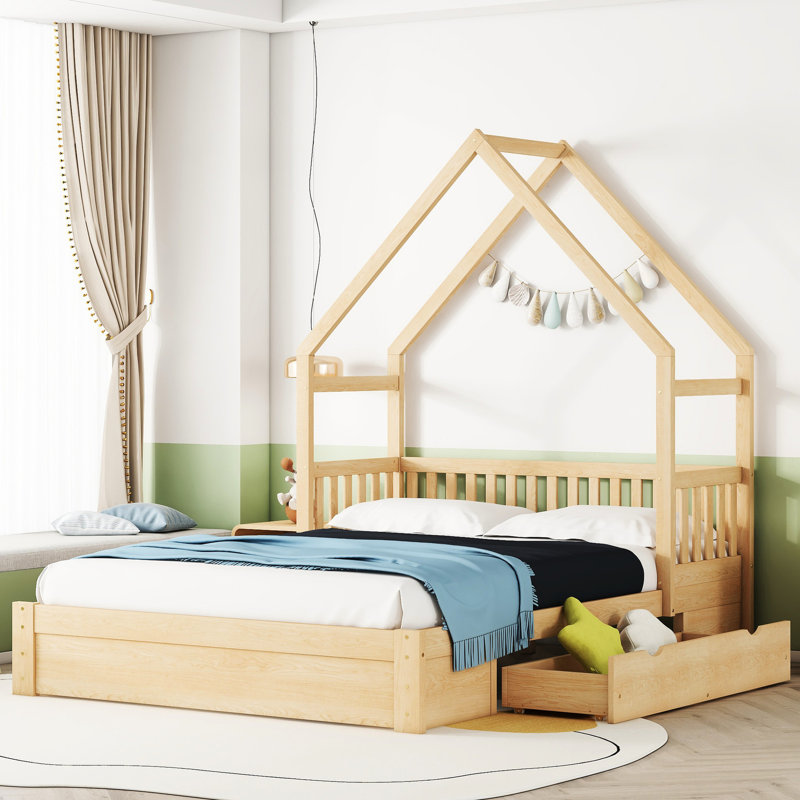 Grand lit plateforme en bois avec garde-corps et 2 pièces de rangement fonctionnelles - Tiroirs pratiques au fini naturel