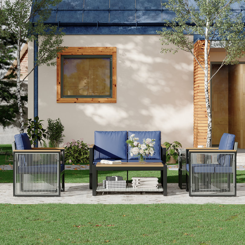 5 Pieces Patio Set Outdoor Furniture Sets Modern Chair Conversation Sets With Coffee Table, Blue