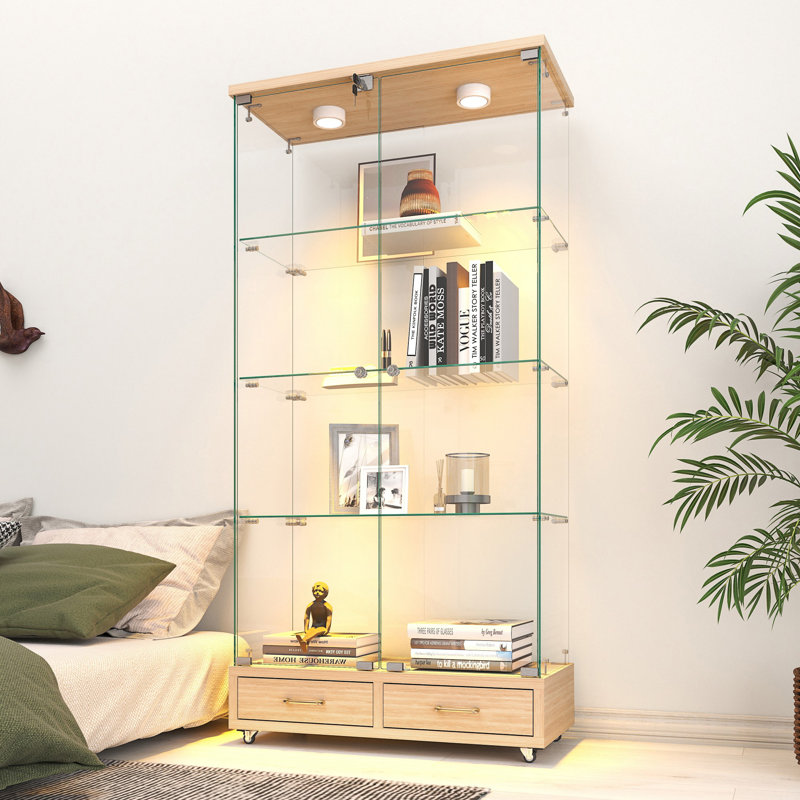 Vitrine moderne en verre avec 2 grands tiroirs, Naturel