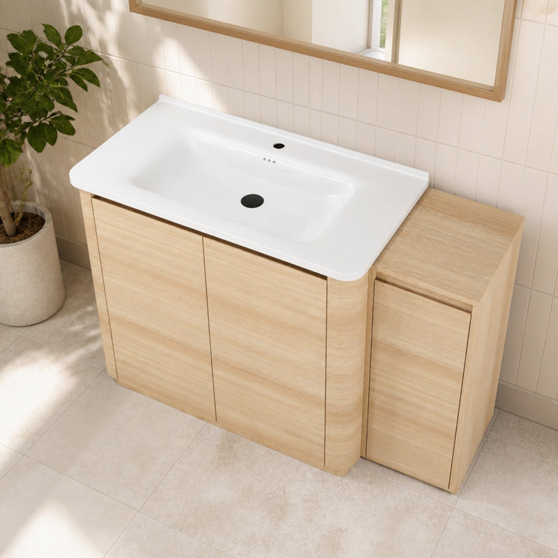 Meuble-lavabo sur pied avec lavabo en céramique blanche et petite armoire de rangement, porte à fermeture amortie, chêne blanc américain