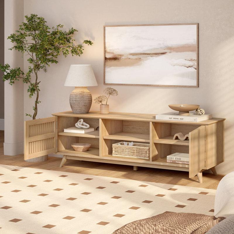 Solid wood Mid Century Modern TV Stand, 2 Door w/ Middle Shelf  (1495 x 406 x 482mm / 59 x 16 x 19in), Blonde