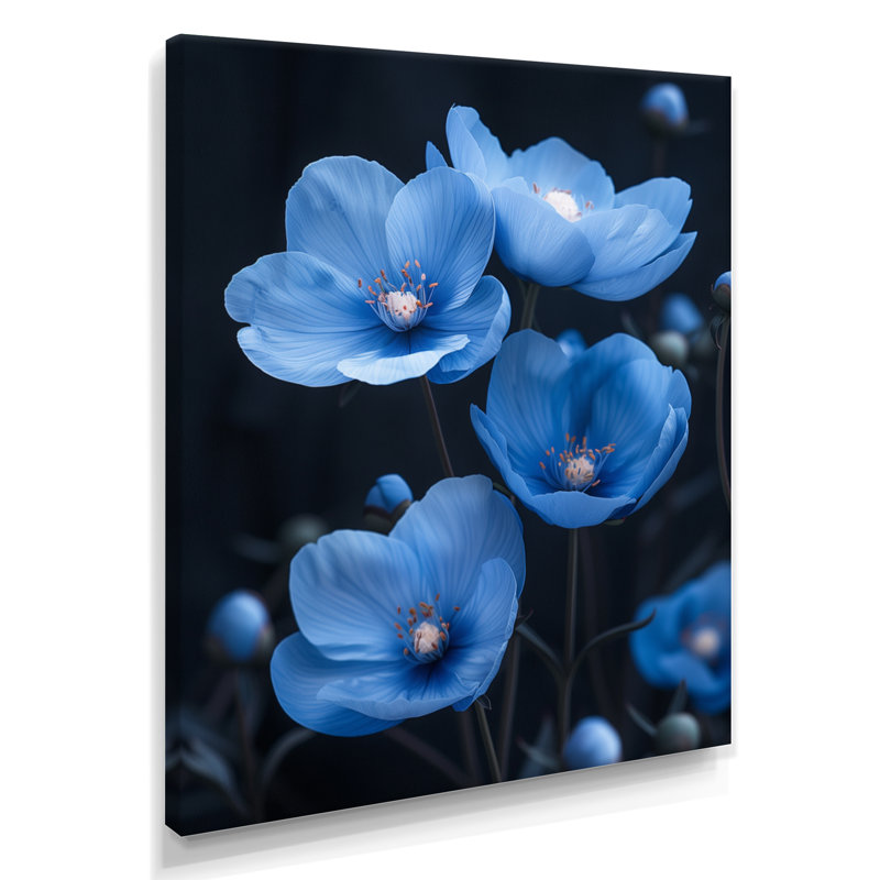 Bleu, noir, pivoines, nocturne, Nirvana II - pivoines, art mural, Toile tendue, H 12 po x l 20 po