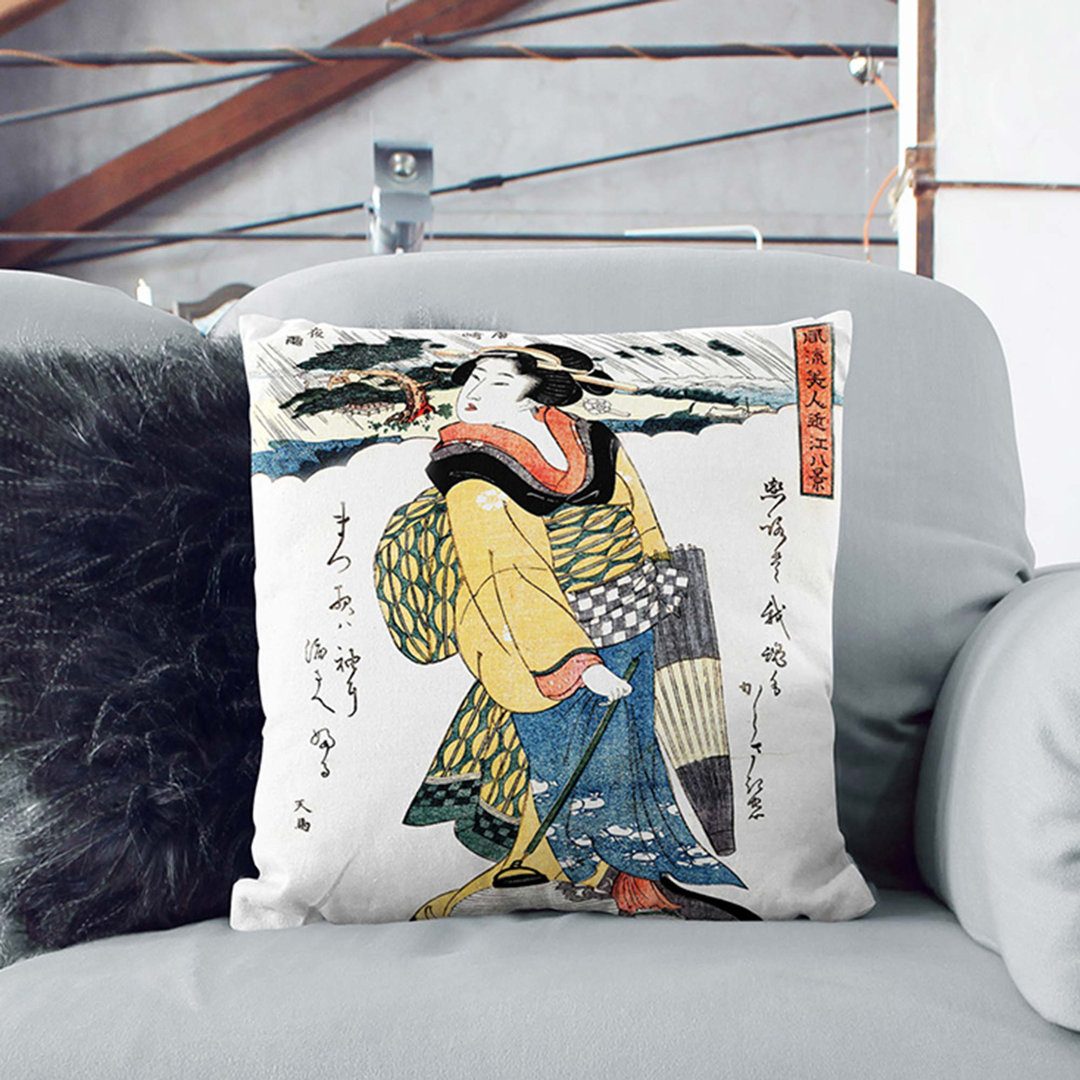 Evening Rain at Karasaki by Eizan Kikukawa Cushion with Filling