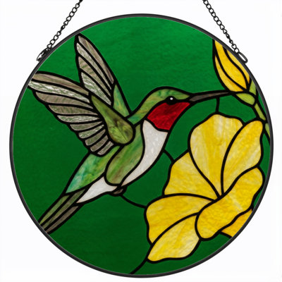 12"H Hummingbird Flower Stained Glass Window Panel