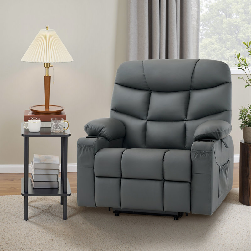 Latise Wide Power Recliner Lift Chair with Extended Footrest, Faux Leather, Dark Gray 100% Polyester