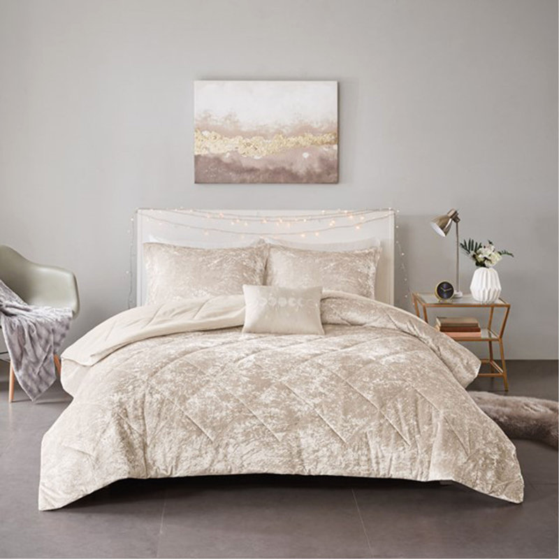 Ensemble d'édredon en velours avec coussin décoratif, Champagne, Édredon double et 3 pièces supplémentaires