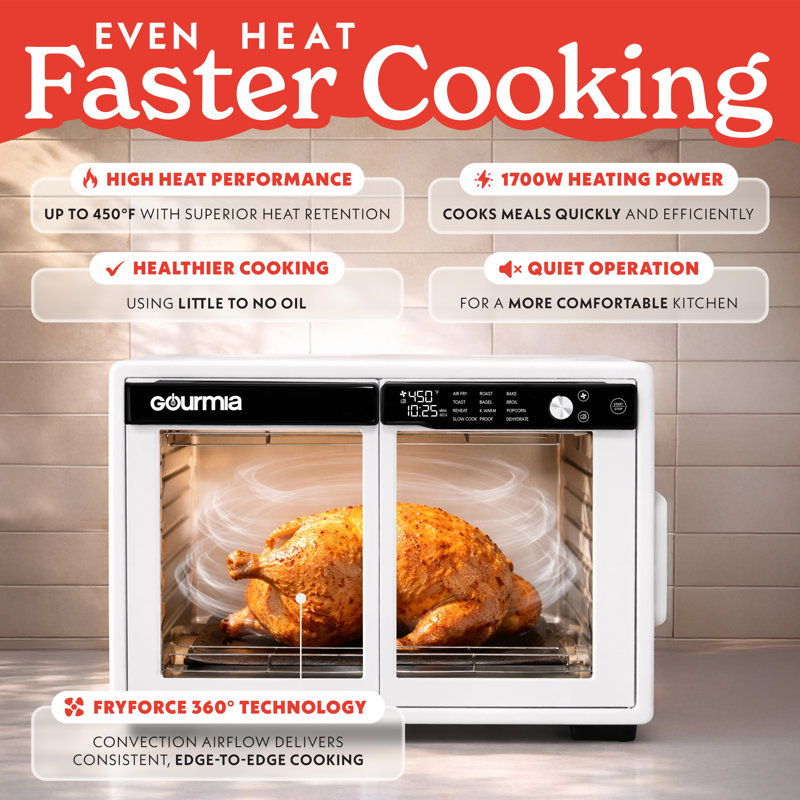 Gourmia 37 Quart Air Fryer Oven with French Doors, 12 Presets, Dehydrate Mode, Fits 13 Inch Pizza, 1700W, White, White