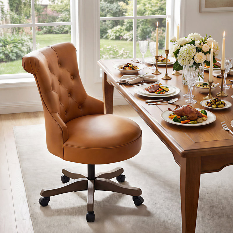 Asyra Wide Back Tufted Swivel Task Chair, Caramel Tan Leather