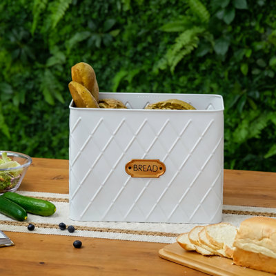 Extra Large Bread Box,Metal White Pattern Embossed Bread Storage Container Bin with Bamboo Lid,(Rhombus)