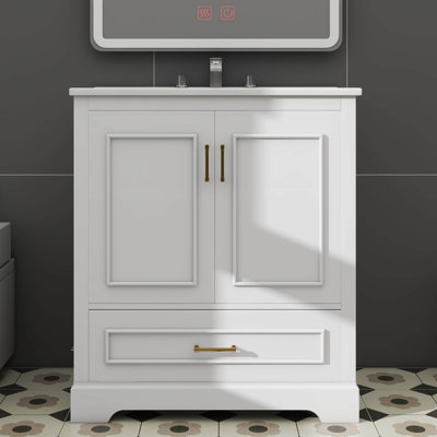 Meuble-lavabo contemporain en céramique 2 portes et 1 tiroir fonctionnel
