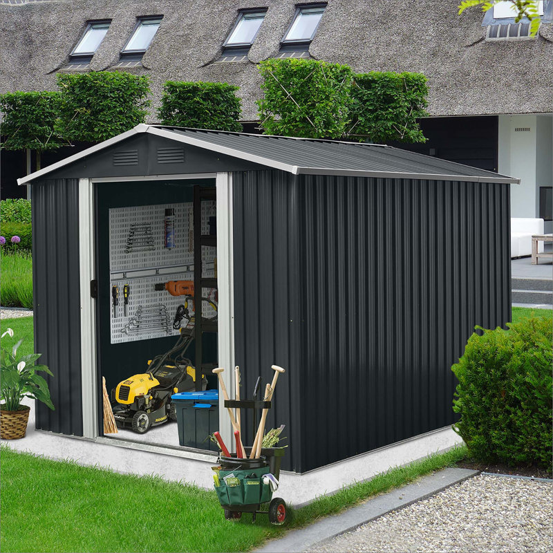 8Ft X 10Ft Outdoor Metal Storage Shed With Floor Base, 75.09" H x 89.09" W x 114.84" D, Black
