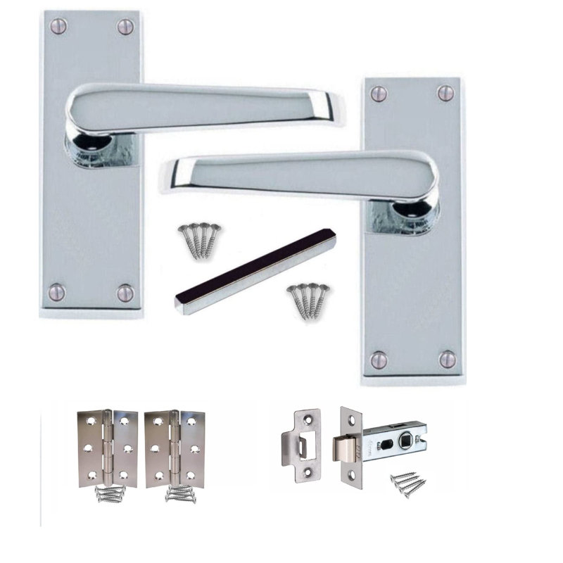 Golden Grace 7 Pairs Victorian Straight Latch Door Handles in Polished Chrome with Hinges & Latches - 120mm x 40mm Backplate
