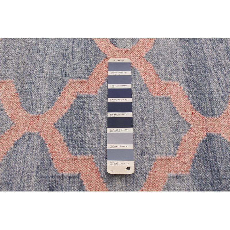 Tapis bleu / orange en laine tissé à plat à la main à motif géométrique