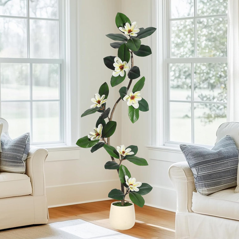 Hévéa artificiel avec fleurs de magnolia, H 60 po x l 7,87 po x P 7,87 po