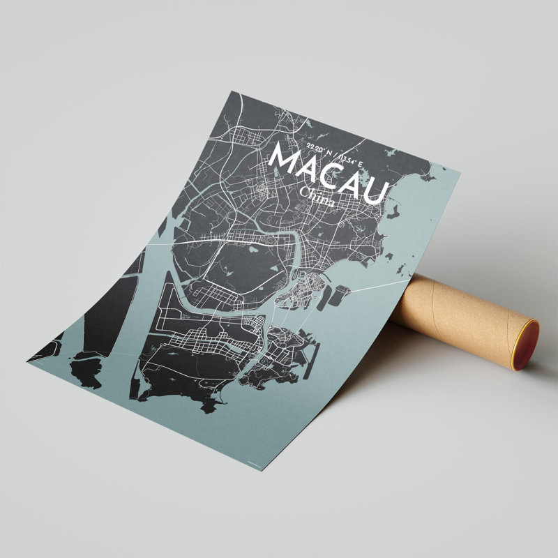 Macau, carte de la ville, impression, Gris/noir, H 24 po x l 18 po