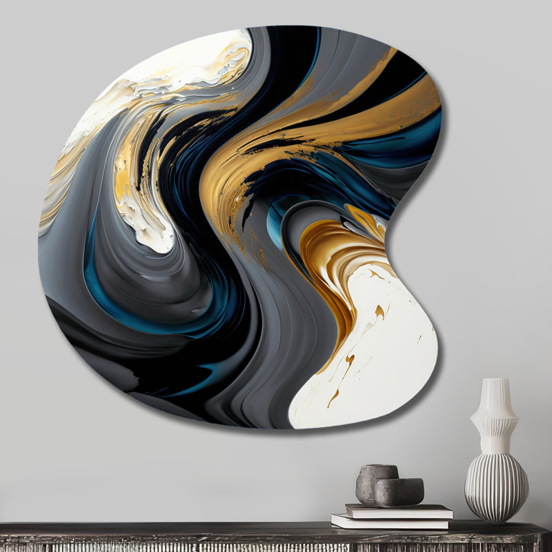 Art mural noir, blanc et or liquide IV - Abstrait liquide encre liquide, H 27 po x l 27 po