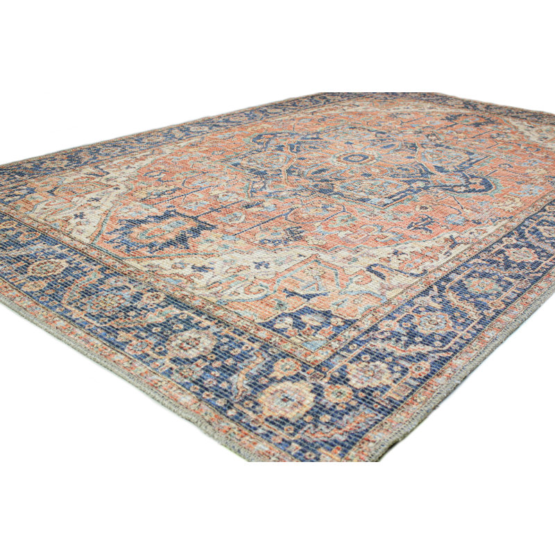 Rectangle Cohan Oriental Power Loom Polyester Machine Washable Area Rug in Blue/Brown, Rectangle: 9'6" X 12'6"