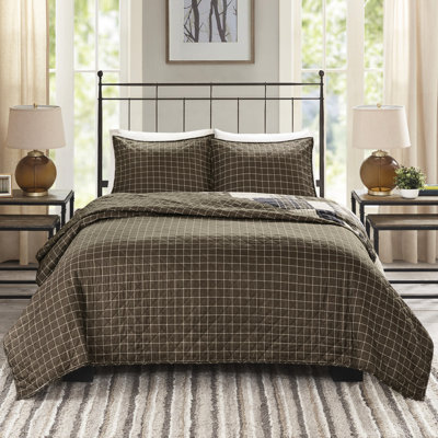 3 Piece Quilt - Black/Brown, Reversible, Microfiber, Channel Quilting, Easy Care Reversible Print, Soft Touch, Zipper Closure Shams
