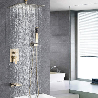 Brushed Gold 12Inch Shower Featuring Waterfall Spout & Flexible Handheld Kit Kit: With Tub Swiveling
