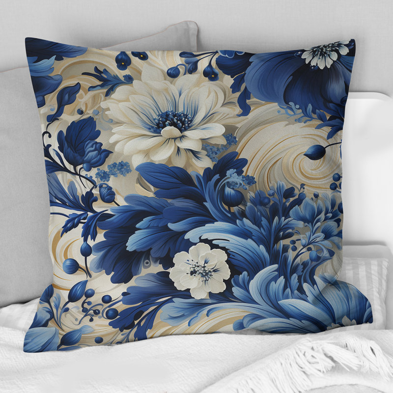 Coussin romantique avec motif victorien tourbillons bleus romantiques - imprimé floral, 16 po x 16 po