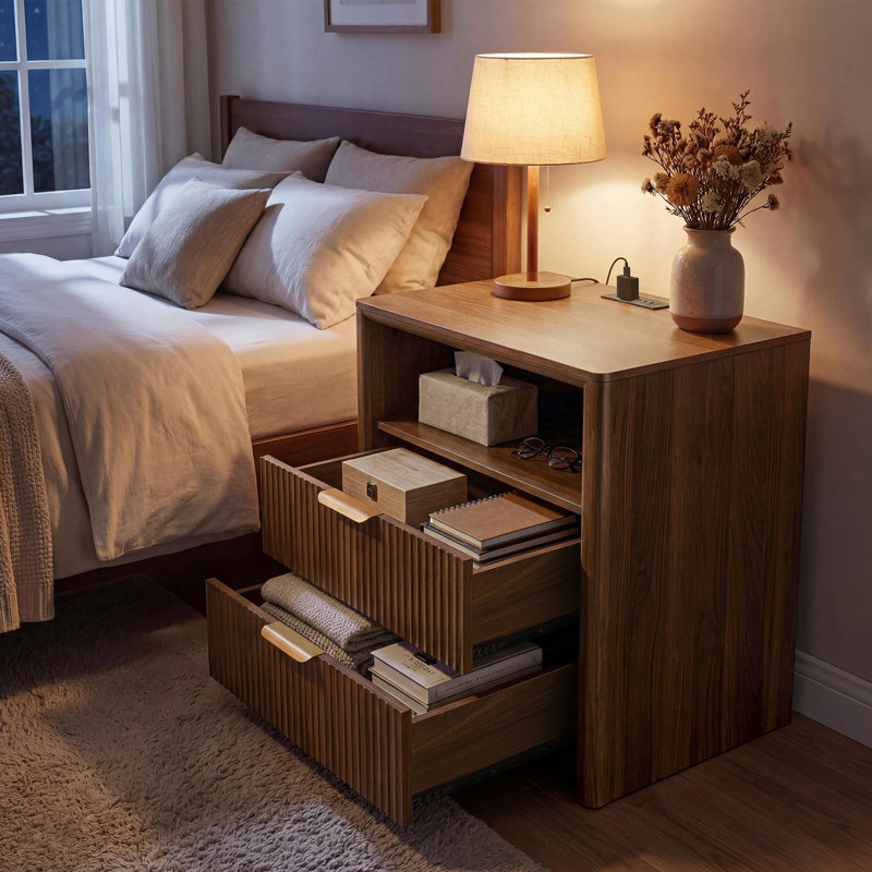 Table de chevet en noyer, ensemble de 2 tables de chevet cannelées en bois avec station de charge, L 19,7 po x l 15 po x H 24 po