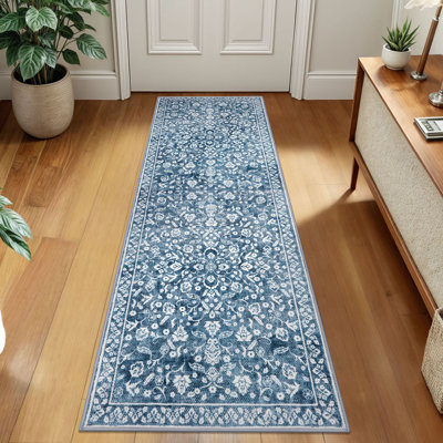 Blue Machine Washable Rugs for Bedroom Non-Slip Low Pile Throw Rugs with Rubber Backing Washable Carpet