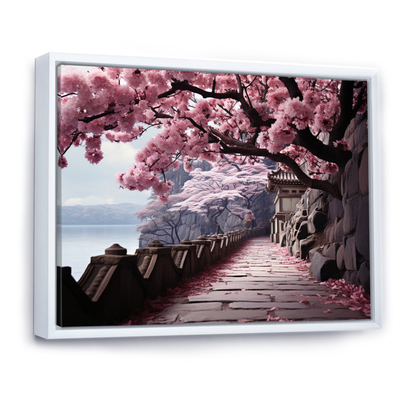 Art du Japon, chemin de fleurs de cerisier rose - Art encadré, H 30 po x l 40 po x P 1,5 po, Cadre flottant blanc