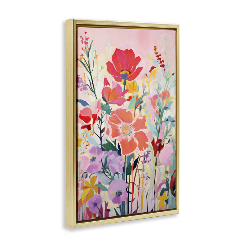  Fleurs abstraites sur toile flottante encadrée rose par LSR Design Studio, H 31 po x l 21 po, Cadre flottant métallique doré