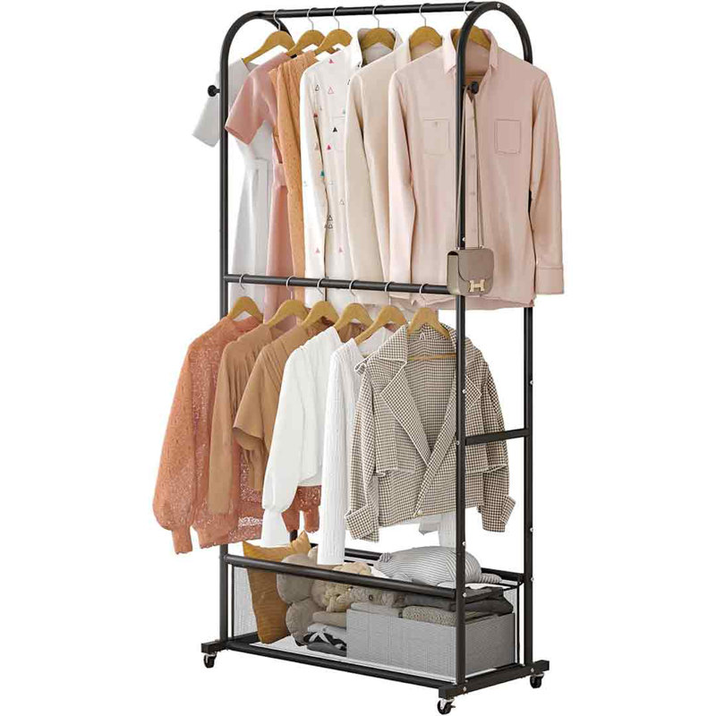 Porte-vêtements à double tringle avec roulettes, Noir, noir, noir, noir