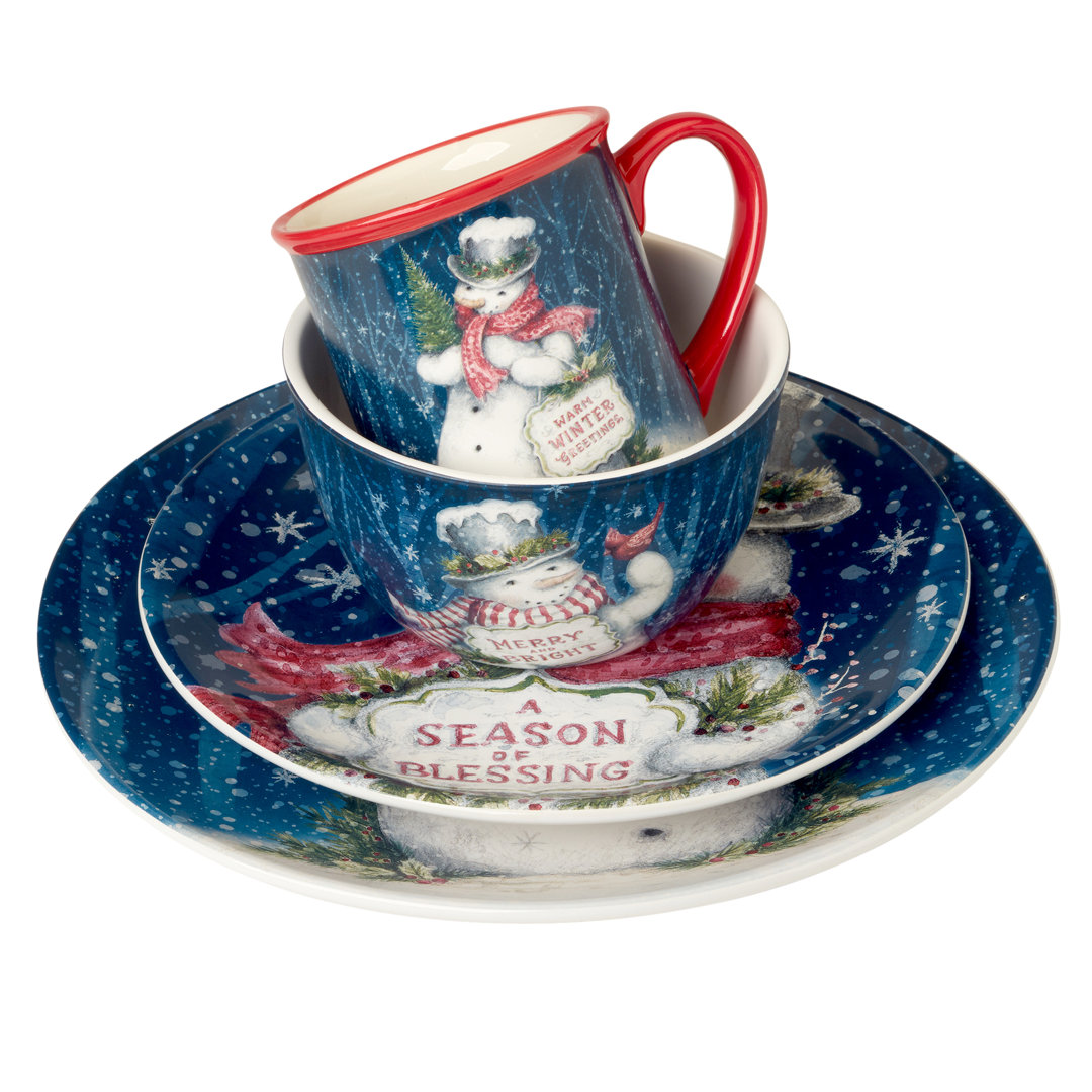 Snowman Greetings 16pc Ceramic Dinnerware Set 4 Dinner 4 Dessert Plates 4 Mugs 4 Ice Cream Bowls (Set of 16) Certified International