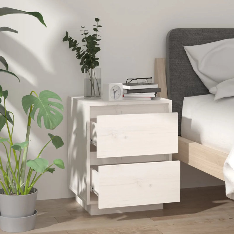 Garrell 40cm W Solid Wood Bedside Table, White, 1
