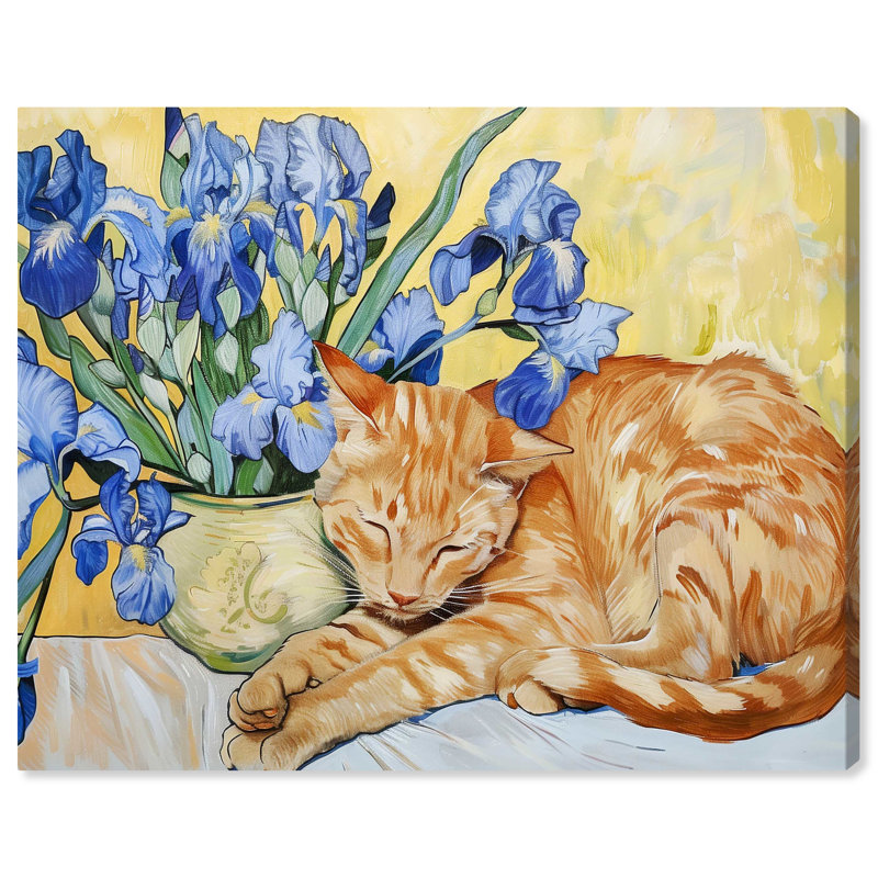 Blissful Nap Orange Cat with Blue Flowers Canvas Wall Art
