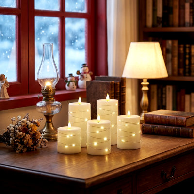 5 Pack White Romantic Flickering Flameless Pillar Candles, Battery Powered Candles Built-in String Lights With Remote Control Timer, Ideal Decor For Christmas, Valentine's Day, Wedding, Halloween, Indoor Table & Holiday Presents
