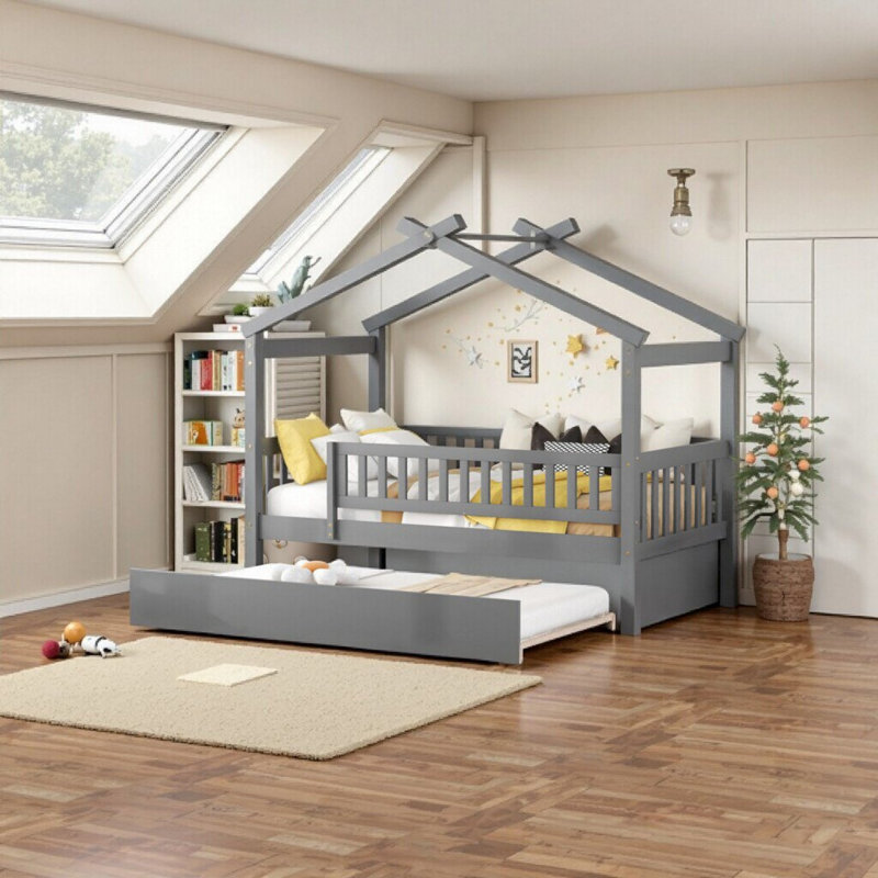 Lit simple en bois avec lit gigogne AVELOR - Rangement spacieux et fabrication en pin massif, Gray, Twin