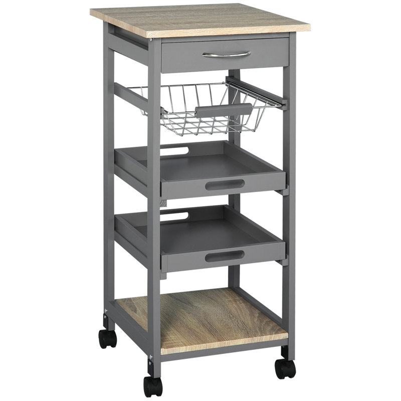Chariot de service mobile à roulettes pour îlot de cuisine avec tiroir inférieur et panier de rangement coulissant, gris