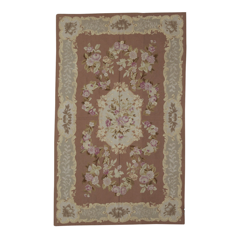 Tapis rond beige, brun et rose noué à la main de haute qualité