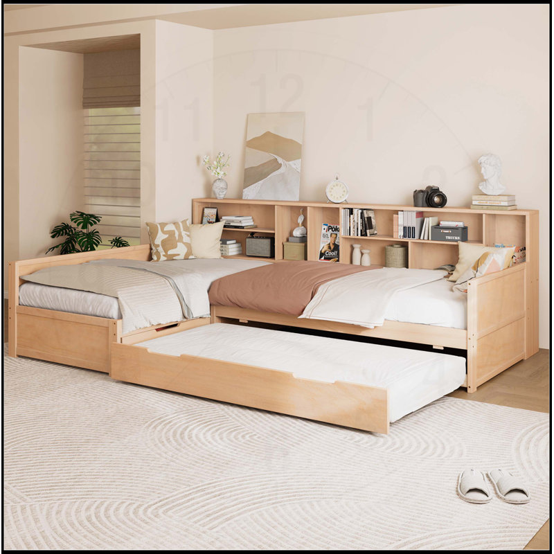 Lit de jour simple en L en forme de lit simple avec lit gigogne sous le lit et tiroir de rangement, cadre de lit d'angle polyvalent avec bibliothèques pour 3