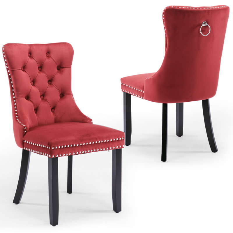 Chaise de salle à manger en velours avec anneau à dossier et pieds en bois massif, Noir, Rouge vin, 2