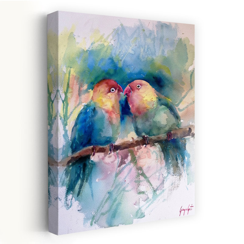 «Colorful Lovebirds» aquarelle abstraite, oiseau romantique coloré, impression d'art mural tropical, 24" H x 16" W