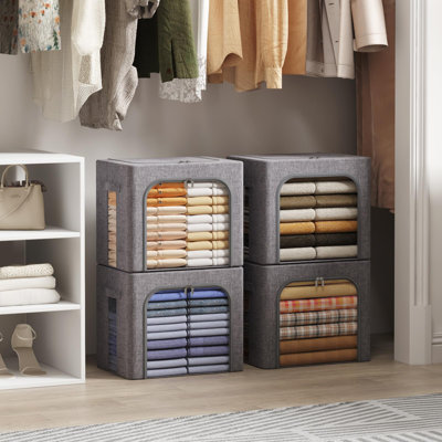 Boîte de rangement de vêtements avec cadre en métal, boîte de rangement empilable, boîte de rangement de vêtements pliable avec couvercle, sac de rangement en tissu 40L avec fenêtre transparente et fermeture à glissière et poignée robuste, paque