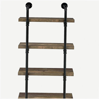 Black and vintage oak four-tier wall-mounted shelf