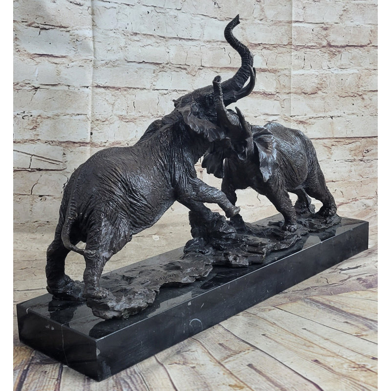 Elephants in Battle Bronze Sculpture Hot Cast Marble Base Figurine Wild Life Art