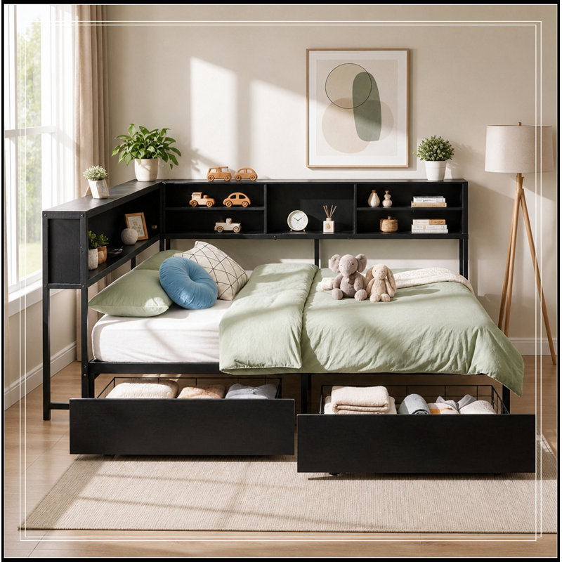 Cadre de lit simple avec bibliothèque de rangement, lumières DEL et 2 tiroirs