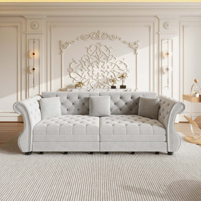 97.6" Oversized Chesterfield Pull Out Sofa Bed, Classic Roll Arm Velvet Couch With Flower Tufting, Upholstery For Living Room/Bedroom/Apartment