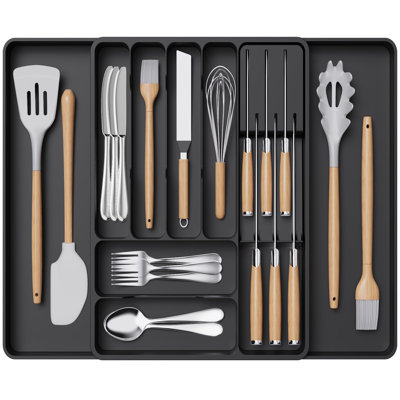 Cutlery Drawer Organiser Large, Expandable Tray With Knives Holder For Kitchen Storage, Cutlery Organiser Insert For Spoons, Forks, Utensil, Black