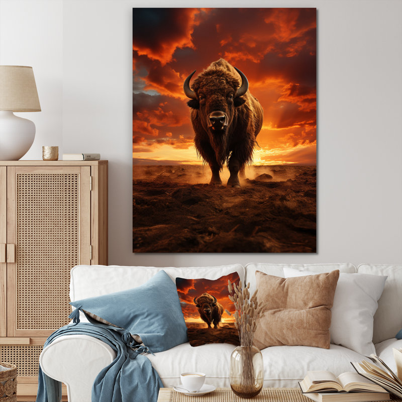 «Orange Brown Buffalo Silhouette Serenade», reproduction sur toile, H 32 po x l 24 po x P 1 po, Toile tendue