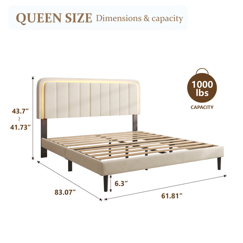 Upholstered Platform Bed with Adjustable Headboard and LED Lights, Queen