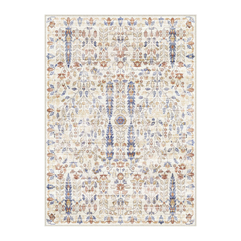Tapis lavable à médaillon floral brun, bleu et beige 5 pi x 7 pi