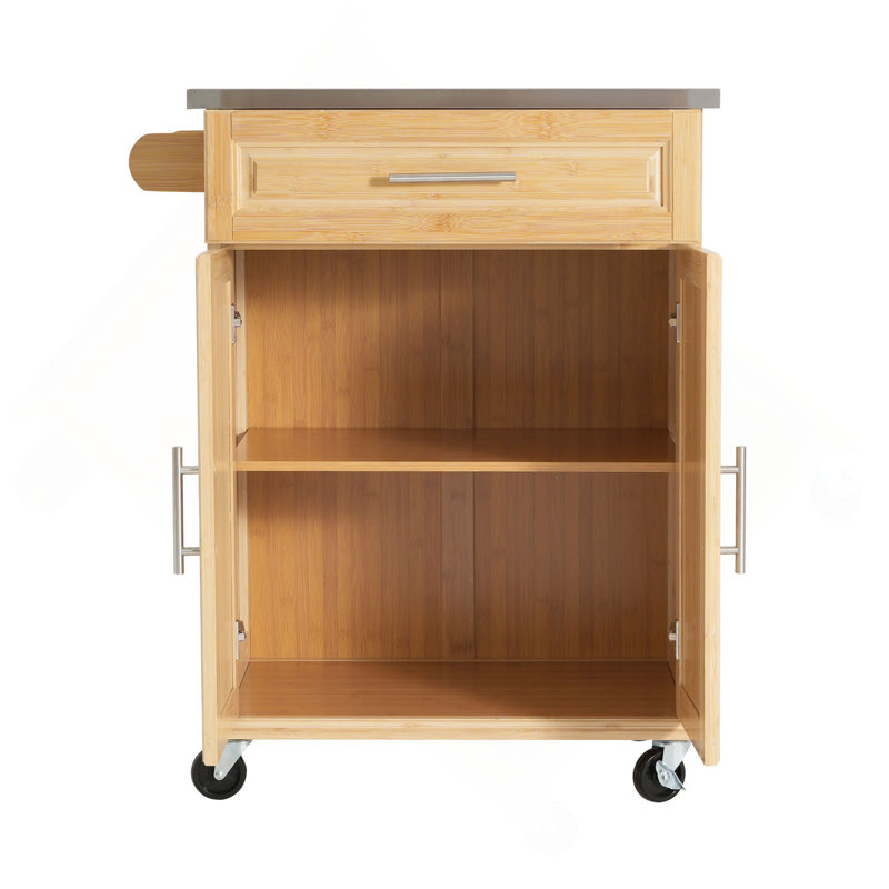 Chariot de cuisine intérieur en bambou compact avec plateau en acier inoxydable - Îlot de rangement mobile avec tiroir et armoire pour petits espaces